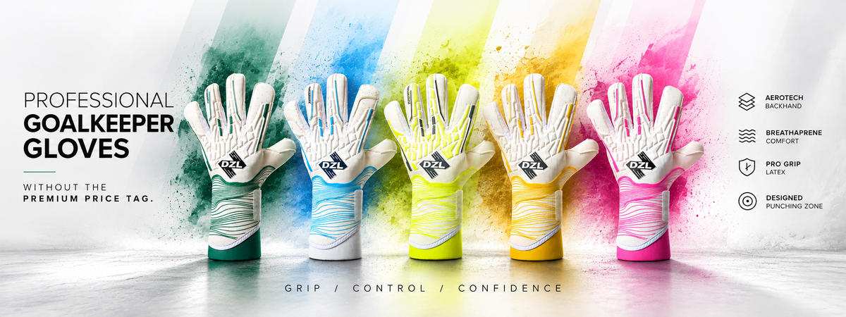 five DZL AeroTech goalkeeper gloves in green, blue, yellow, orange and pink displayed upright against a stylised graphic background with paint splatters and text